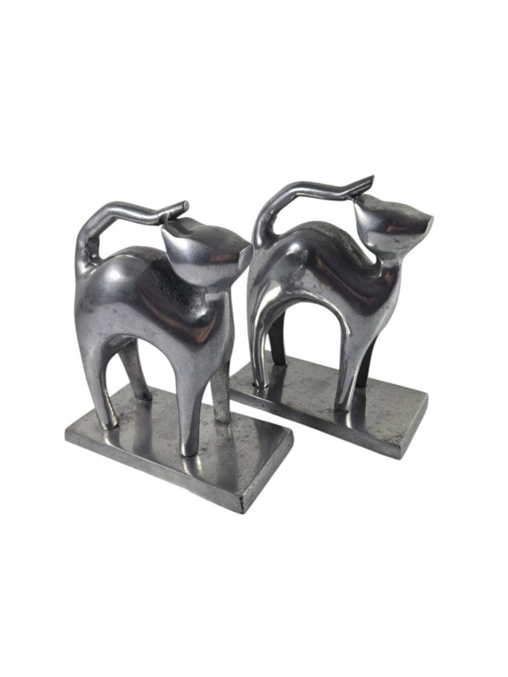 Modernist Art Cat Sculptures Pair Cast Aluminum 9" India Metal Decor Accents